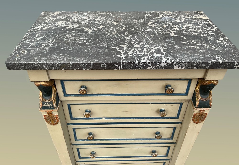 A French empire style hand painted wellington chest with marble top.  View III