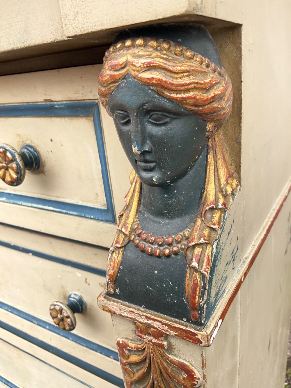 A French empire style hand painted wellington chest with marble top.  View IV