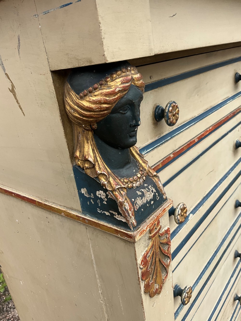 A French empire style hand painted wellington chest with marble top.  View V