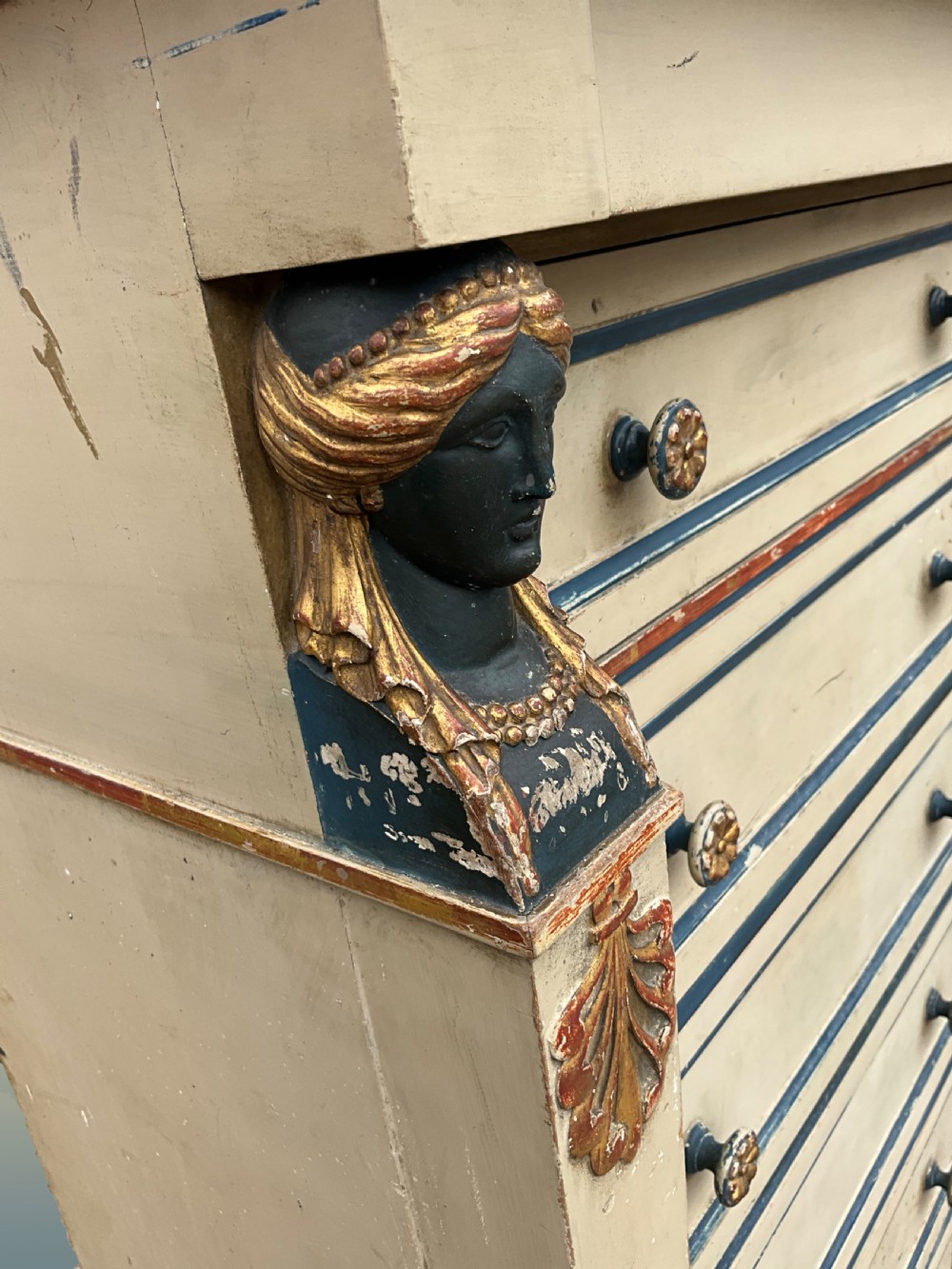A French empire style hand painted wellington chest with marble top.  View VI