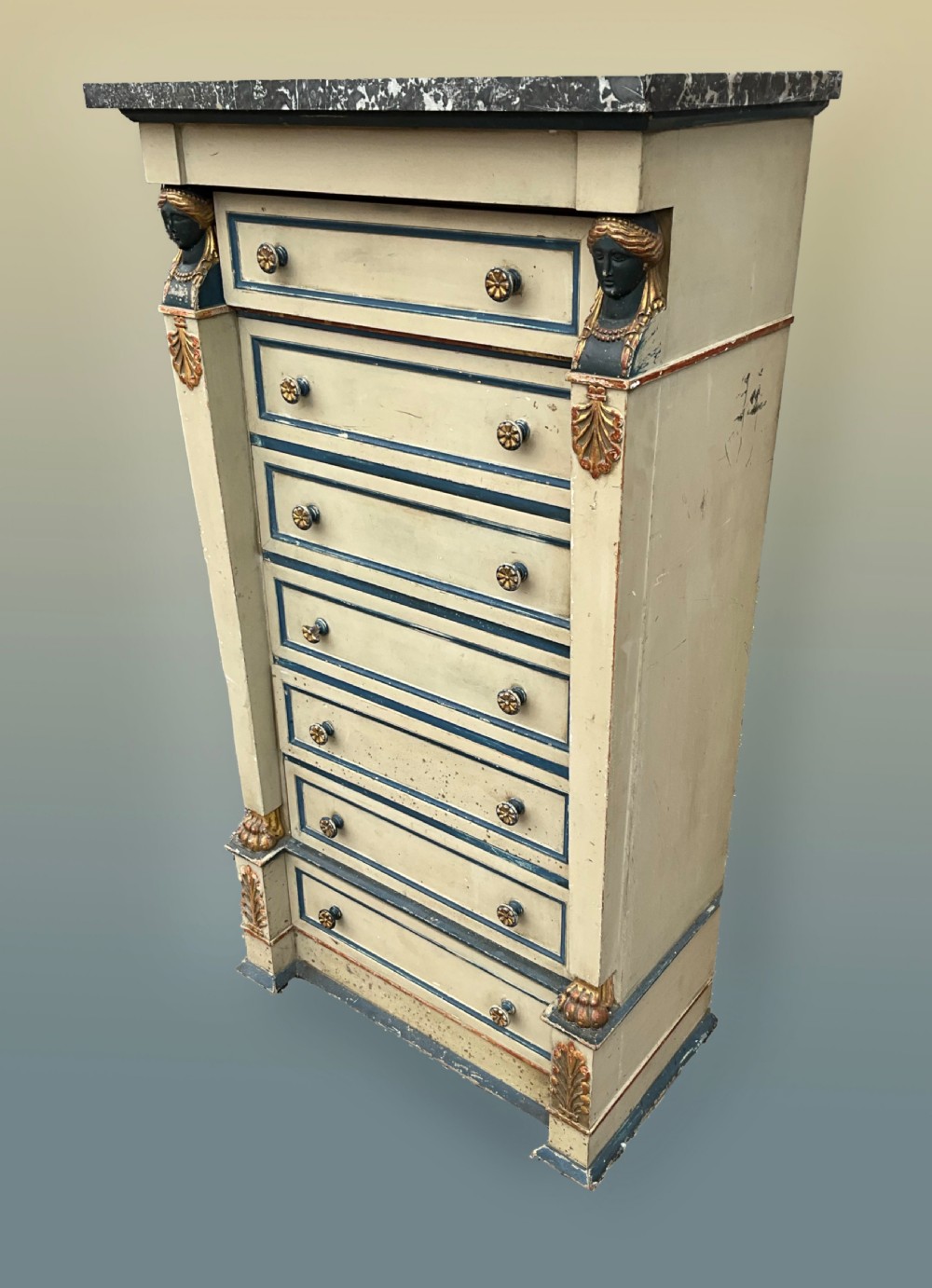 A French empire style hand painted wellington chest with marble top.  View VII