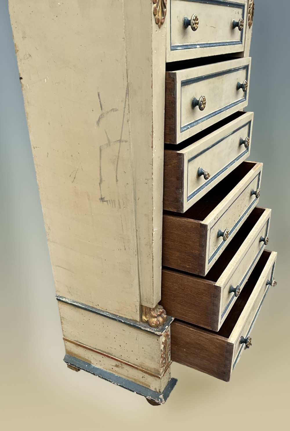 A French empire style hand painted wellington chest with marble top.  View VIII