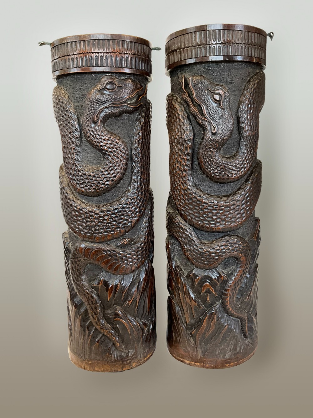 A Pair of Large 19th Century Hand Carved Bamboo Brush Pots.