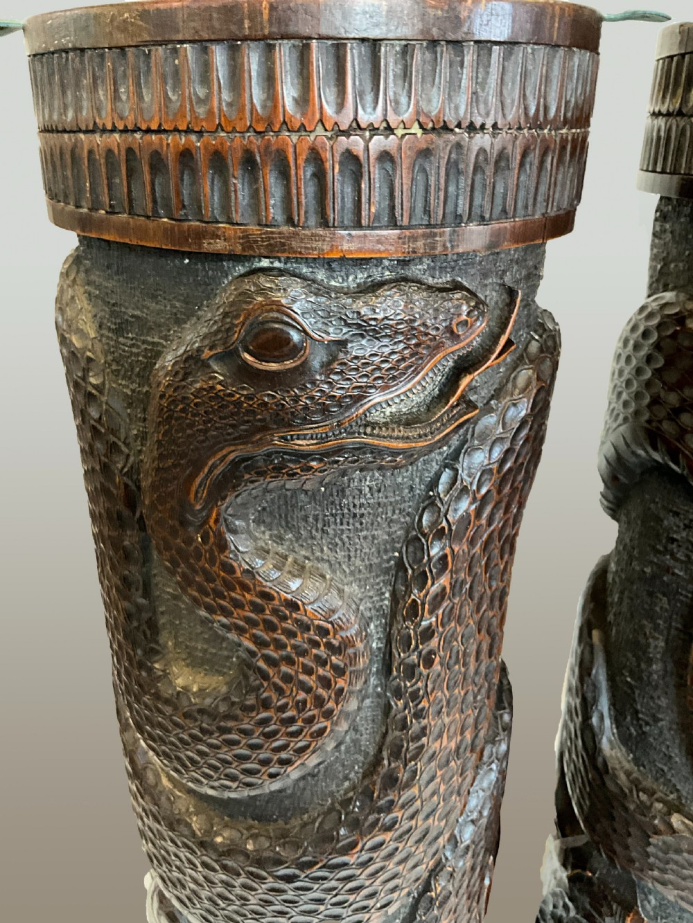 A Pair of Large 19th Century Hand Carved Bamboo Brush Pots. View II