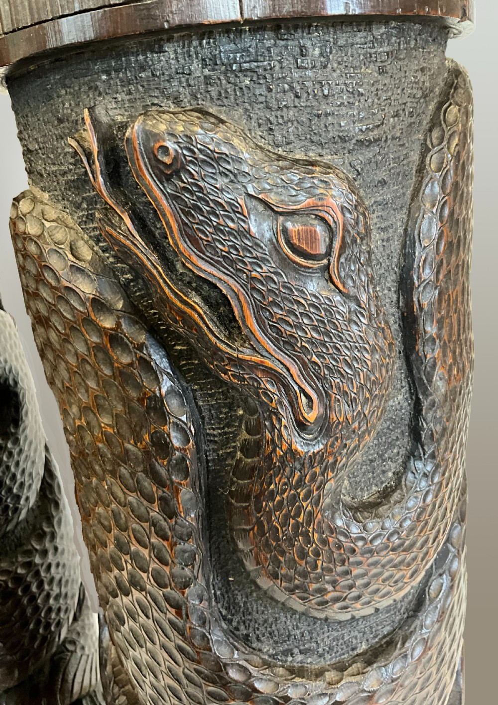 A Pair of Large 19th Century Hand Carved Bamboo Brush Pots. View III