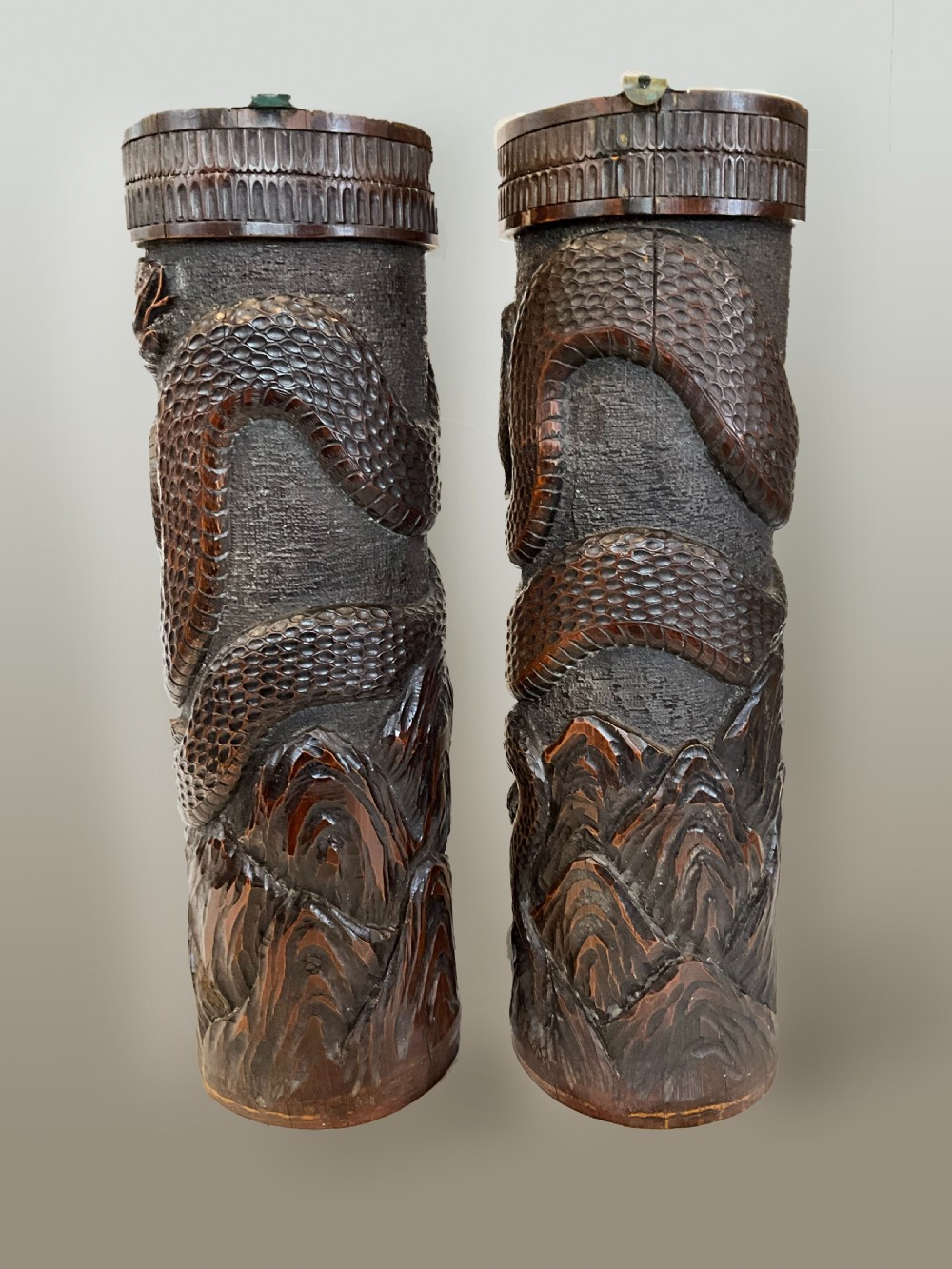 A Pair of Large 19th Century Hand Carved Bamboo Brush Pots. View IV
