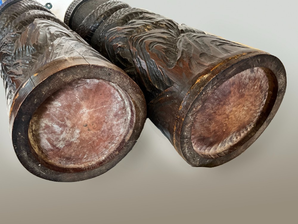 A Pair of Large 19th Century Hand Carved Bamboo Brush Pots. View V