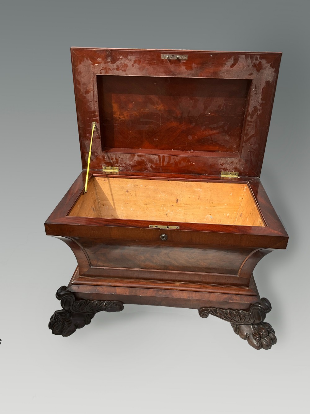 A Georgian mahogany sarcophagus wine cooler featuring a stepped lid with a carved acanthus finial and resting on four carved lion paw feet. View VI