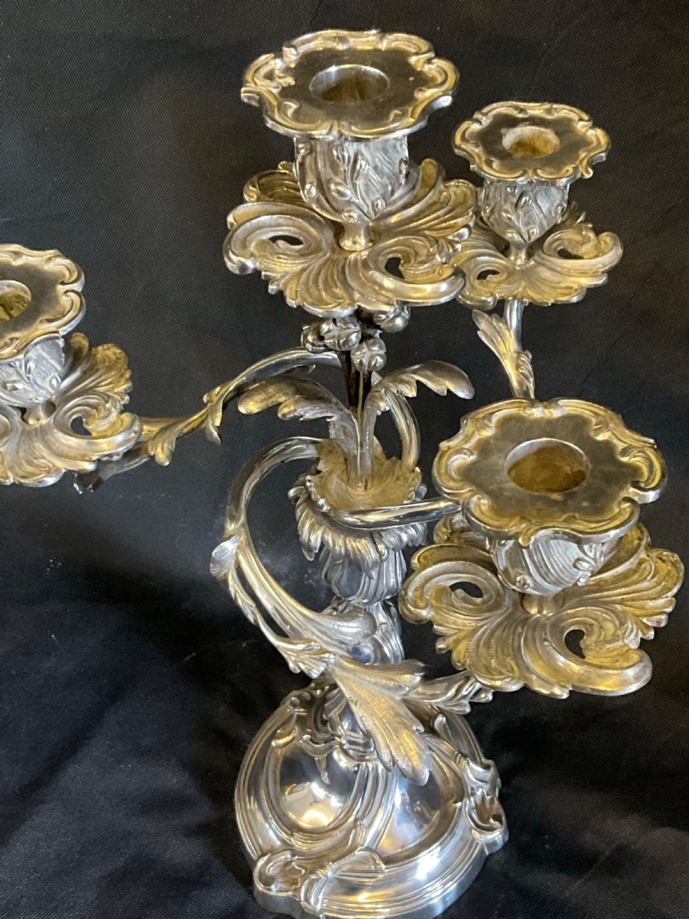 A High Quality Pair of Silver Plated Four Flame Candelabra's. Marked HV.  View III