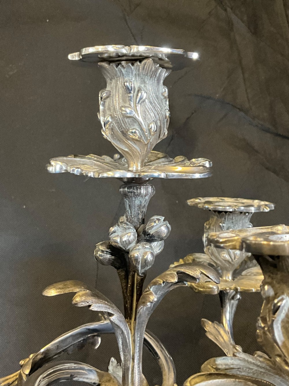 A High Quality Pair of Silver Plated Four Flame Candelabra's. Marked HV.  View VI