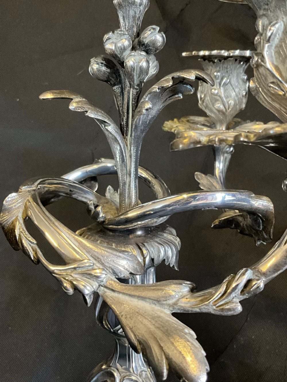 A High Quality Pair of Silver Plated Four Flame Candelabra's. Marked HV.  View IX