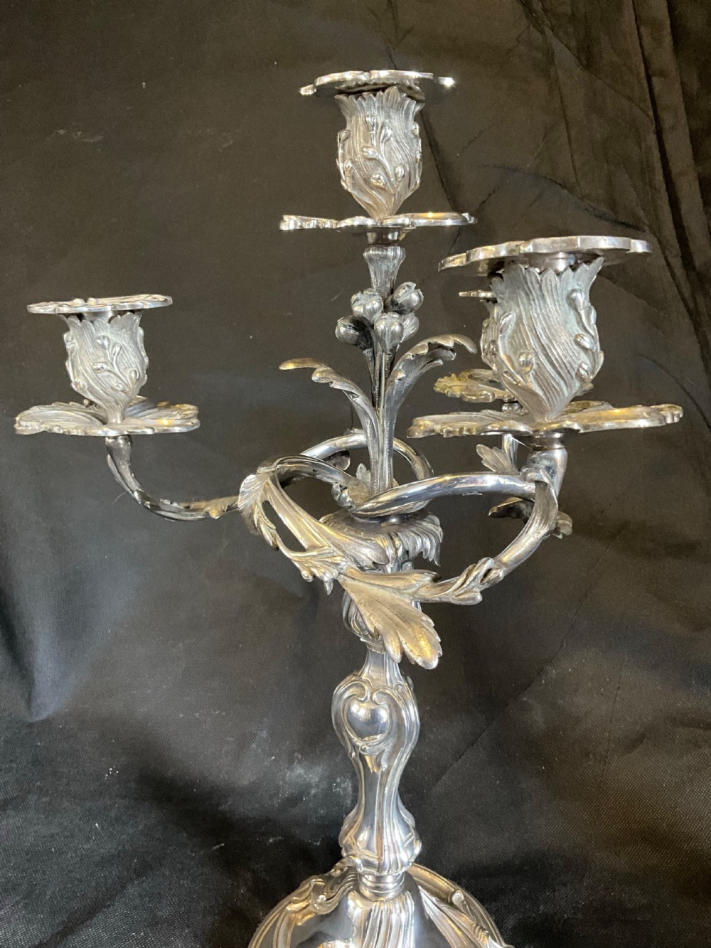 A High Quality Pair of Silver Plated Four Flame Candelabra's. Marked HV.  View X