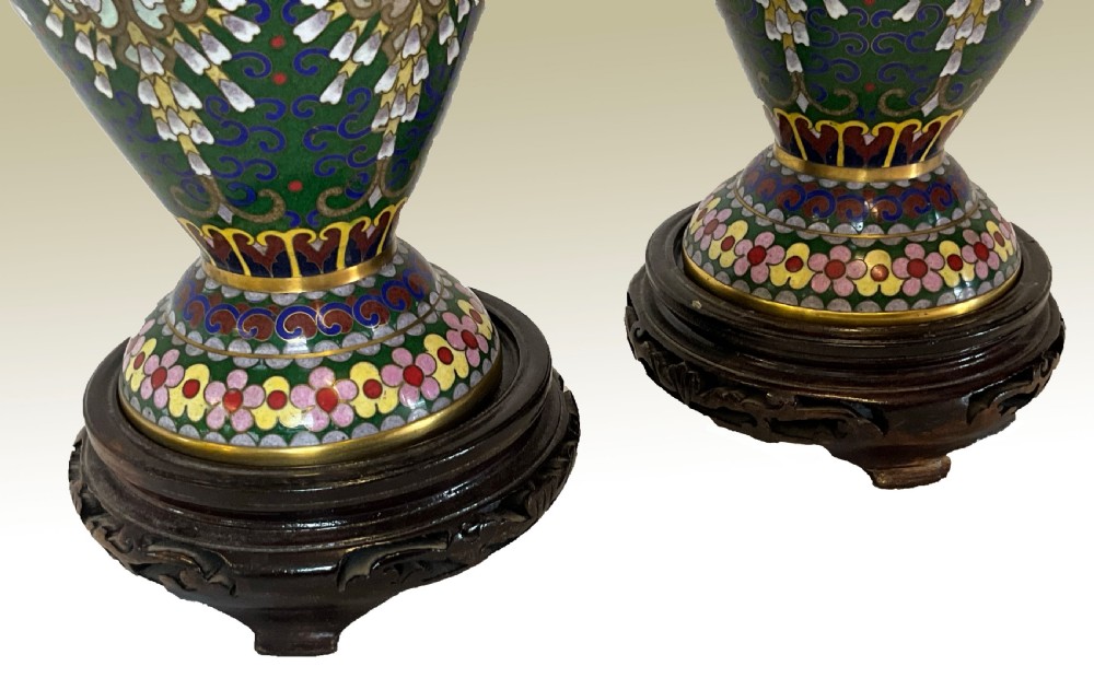 A delightfully decorative pair of Cloisonné vases on wooden bases View III
