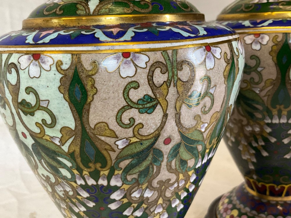 A delightfully decorative pair of Cloisonné vases on wooden bases View VII