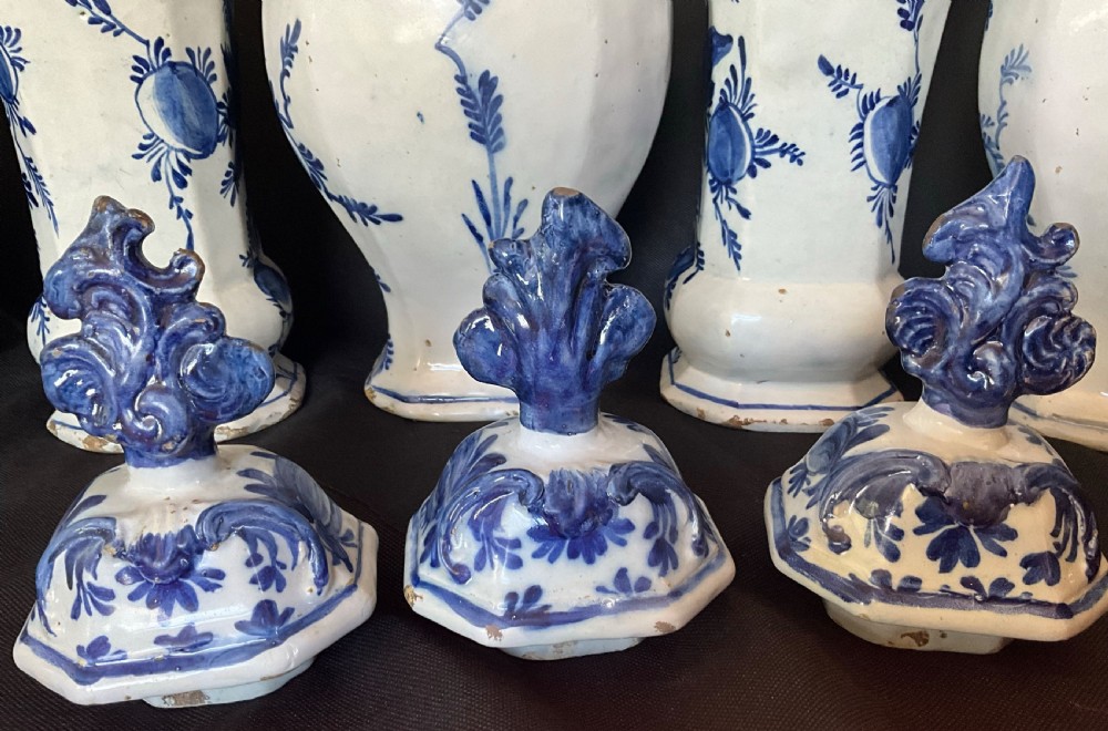 A set of five 18th century blue and white Delft garniture with original lids. Circa 1780.  View IV