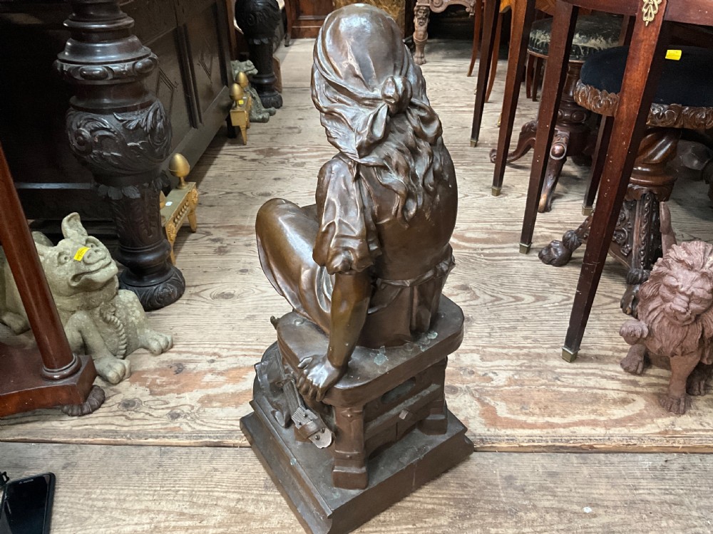A dark patinated bronze statue depicting a seated young woman resting her foot on a rock next to a lute, with Mignon inscribed on the base. View VI
