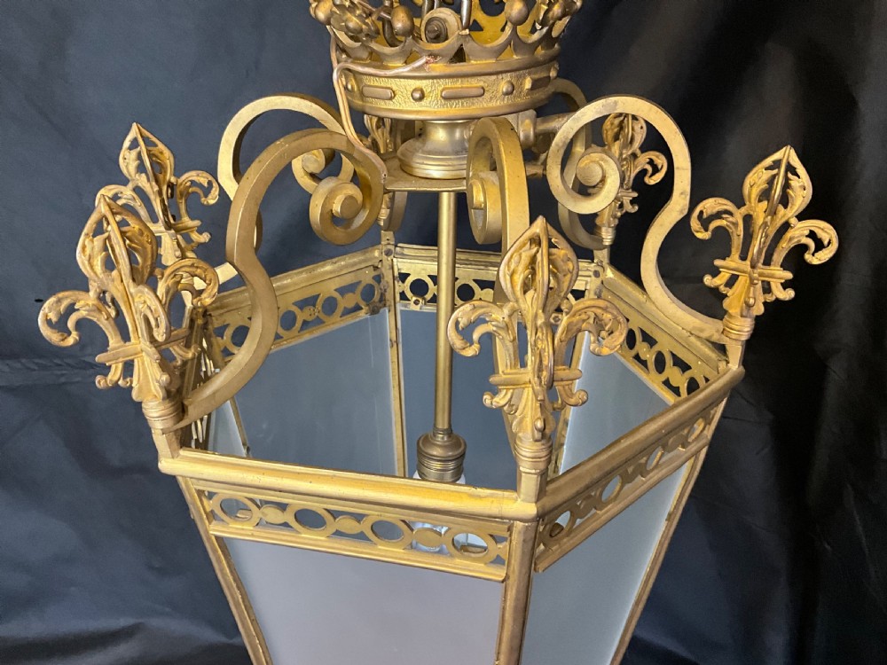 A French brass hall lantern with six opaque glass sides c1900. View II