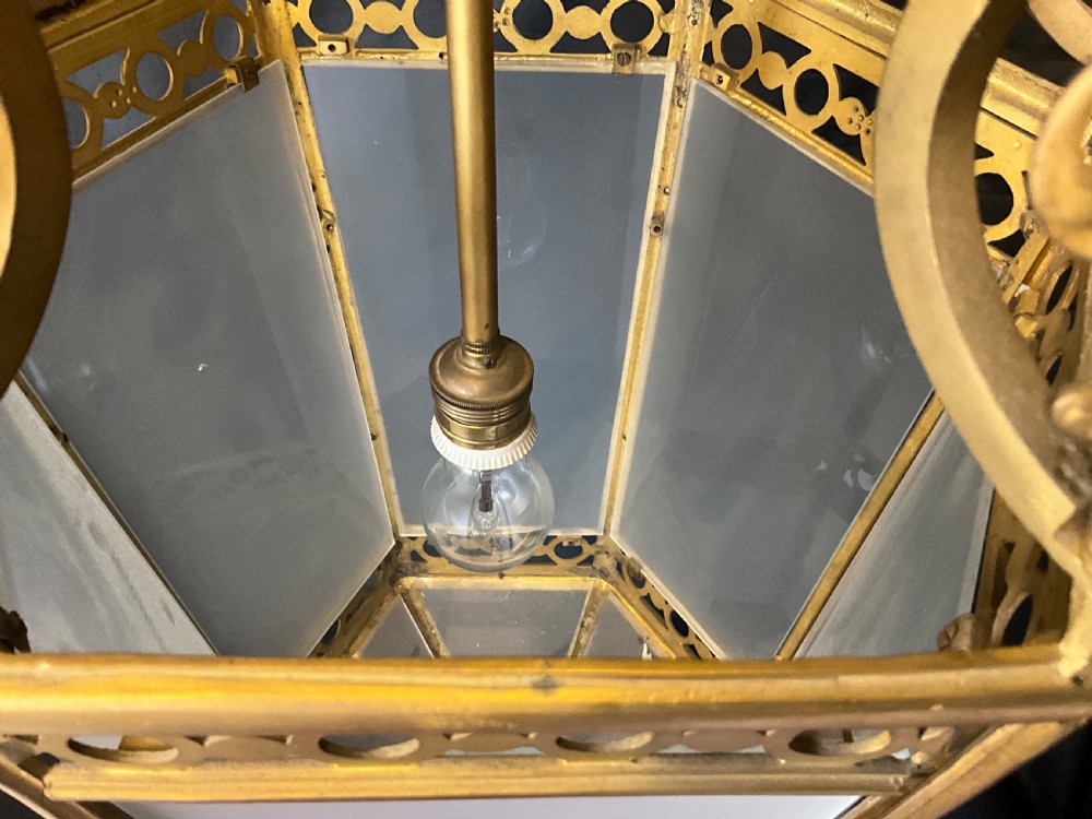 A French brass hall lantern with six opaque glass sides c1900. View III