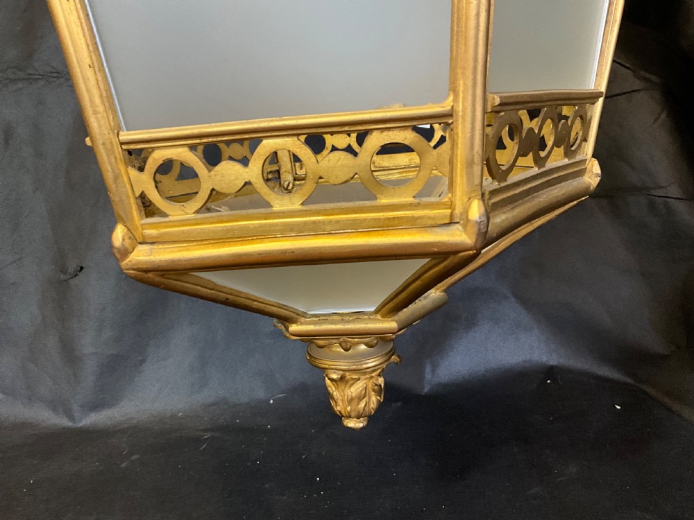 A French brass hall lantern with six opaque glass sides c1900. View IV