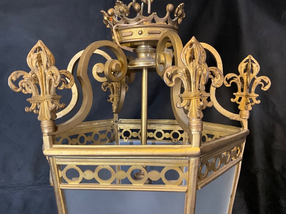 A French brass hall lantern with six opaque glass sides c1900. View VI