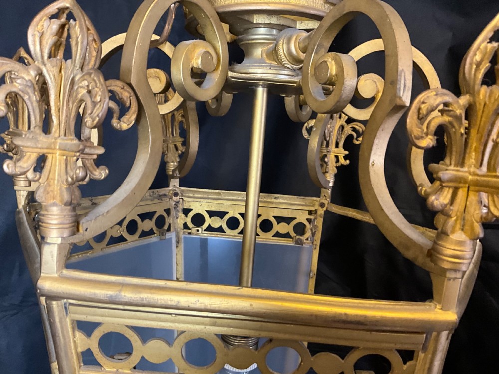 A French brass hall lantern with six opaque glass sides c1900. View VII