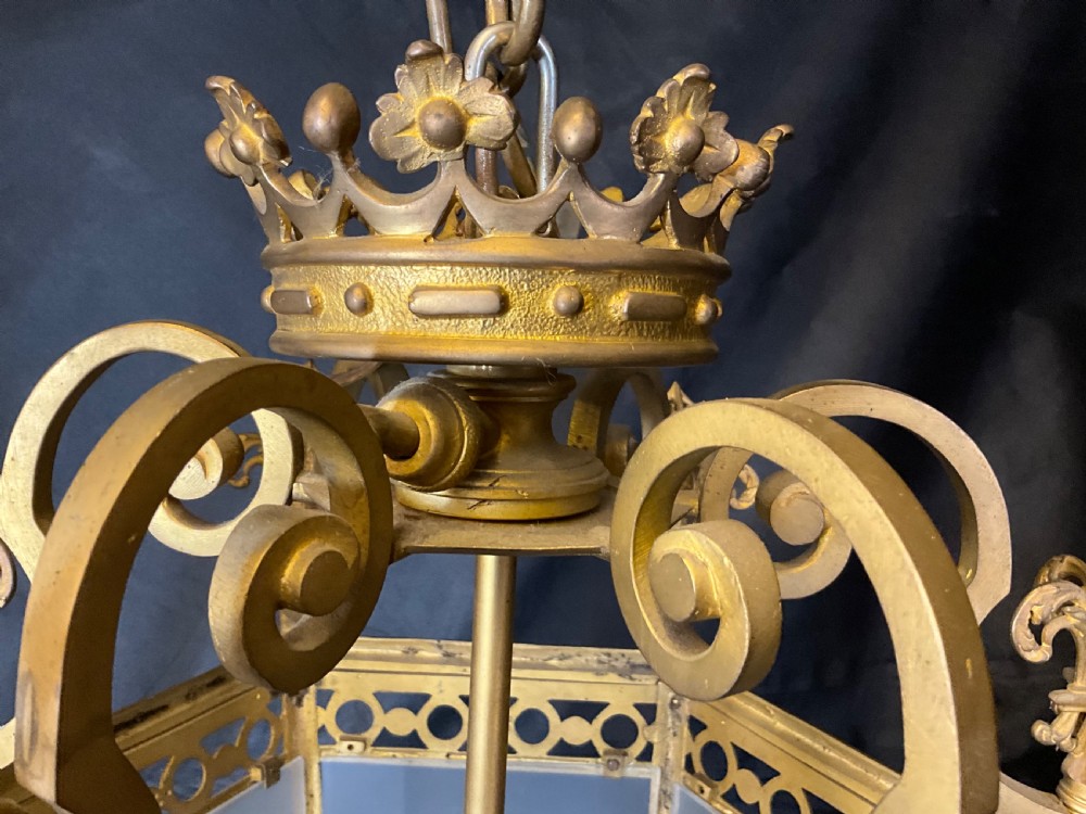 A French brass hall lantern with six opaque glass sides c1900. View VIII