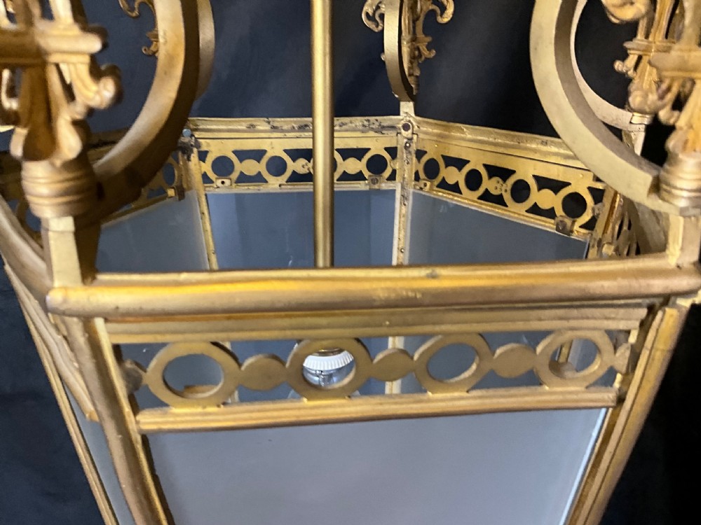 A French brass hall lantern with six opaque glass sides c1900. View IX