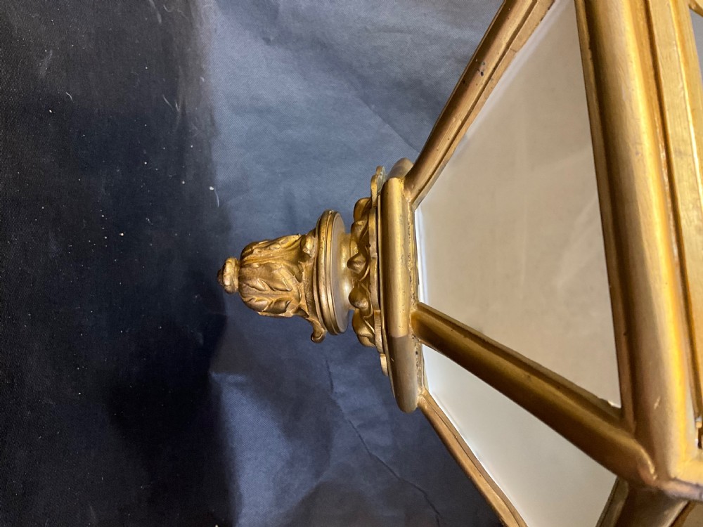 A French brass hall lantern with six opaque glass sides c1900. View X