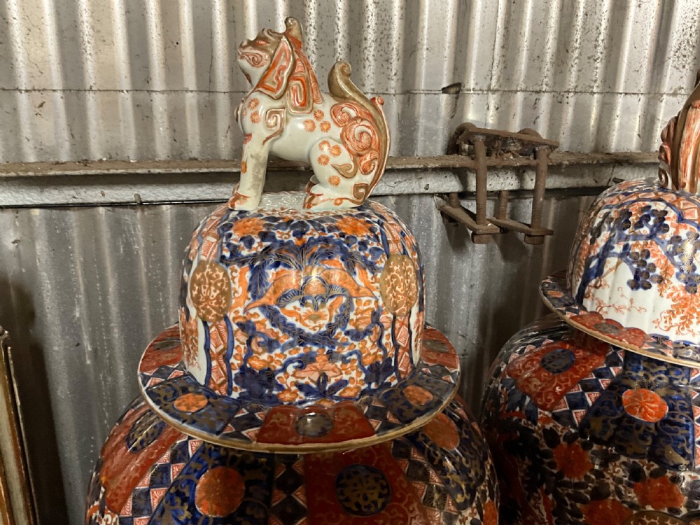 An impressively large pair of Imari lidded vases.  View VII