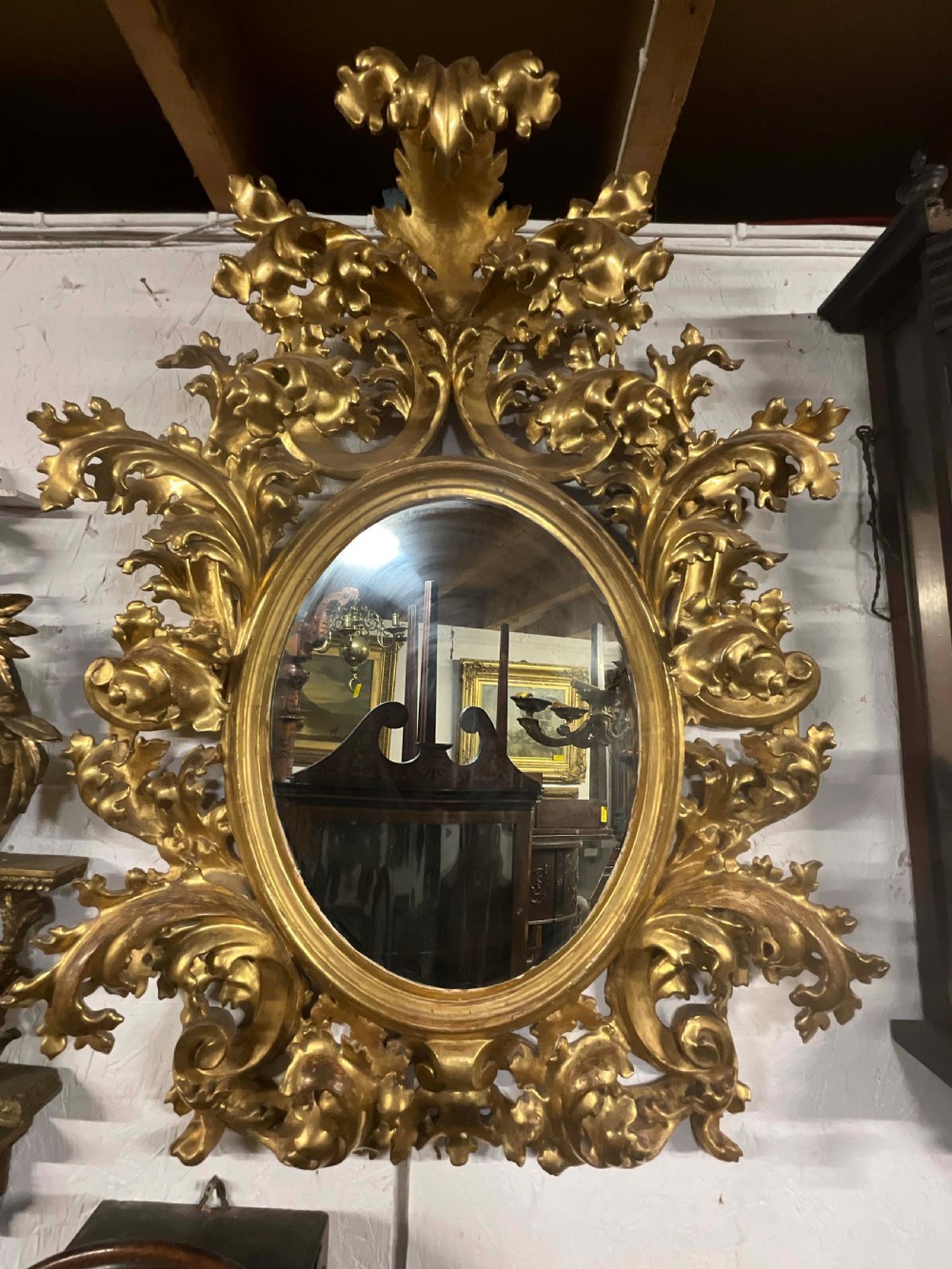 A Very Ornate Giltwood Wall Mirror, Circa 1880, Italian. Size 100cm X 75cm