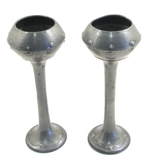 Unusual Pair of Art & Crafts Pewter Vases by Walker