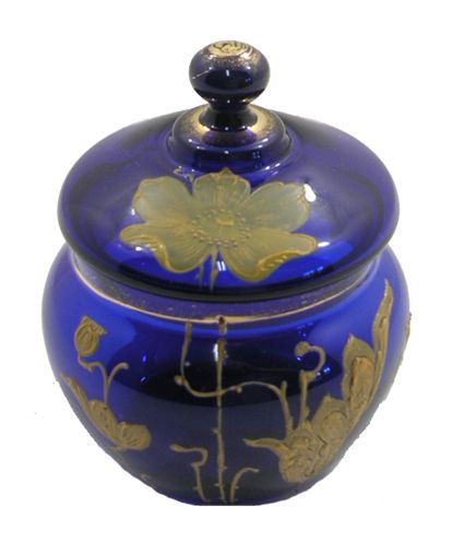 Art Nouveux Blue Glass & Gilt Pot and Lid