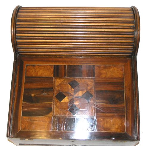 fig 1. FINE GEORGIAN CAMPAIGN WRITING BOX. PARQUETRY TOP