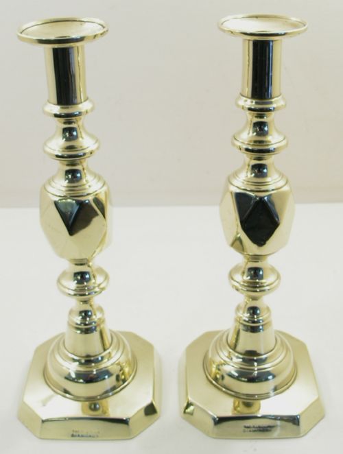 Fine Pair of "King of Diamonds" Brass Candlesticks