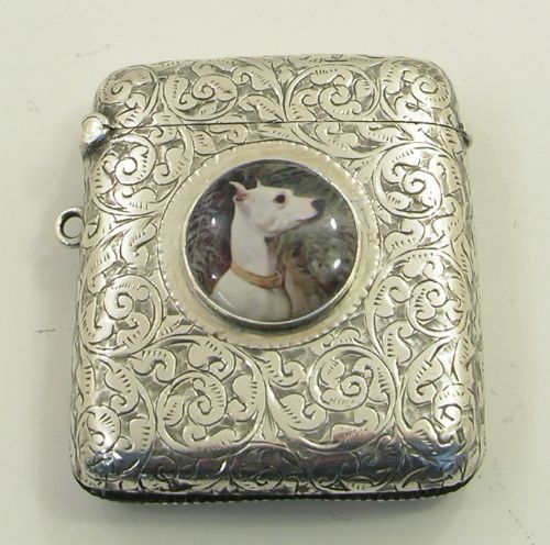 Victorian Silver Vesta Case with Enamel Dog. 1899