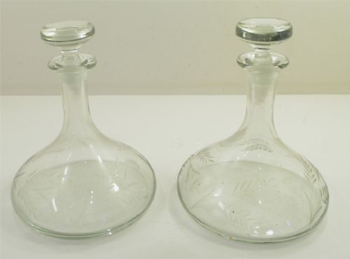 Good Large Pair of Engraved Ships Decanters. C. 1880