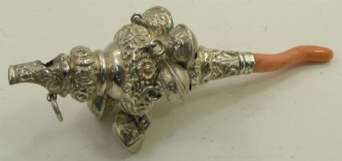 Victorian Silver and Coral Babies 6 Bell Rattle