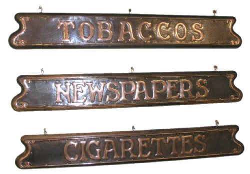 Good Set of 3 Art Deco Shop Signs. Copper on Oak.