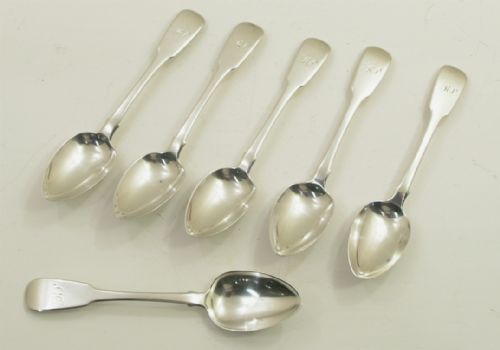 Set of 6 Irish Silver Rat Tail Teaspoons. 1829