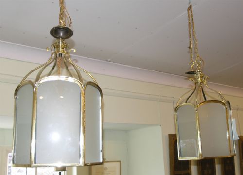 Fine Pair of Edwardian Brass & Glass Lanterns