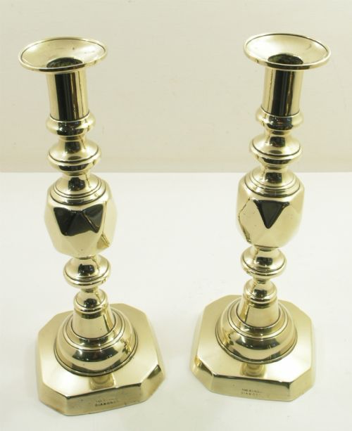 Large Pair of King of Diamond Brass Candlesticks