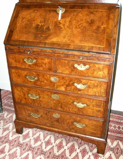 fig 1. RARE SMALL SCALE GEORGE I WALNUT BUREAU BOOKCASE