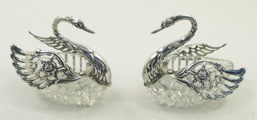 Wonderful Pair of Silver & Glass Swan Butter Dishes