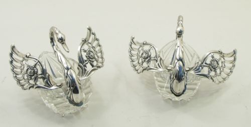 fig 1. WONDERFUL PAIR OF SILVER & GLASS SWAN BUTTER DISHES