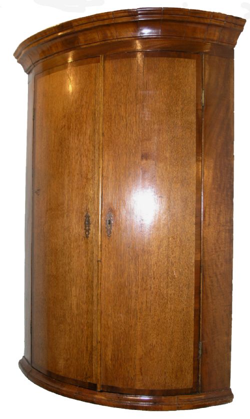 Georgian Oak & Mahogany Bow Front Corner Cupbaord