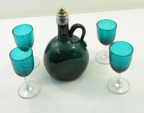 Victorian Bristol Green Decanter with 4 Glasses