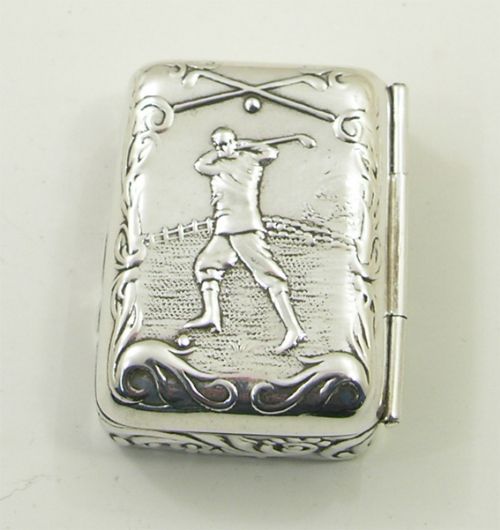 Silver Snuff Box with Golfing Scene. Import Marks