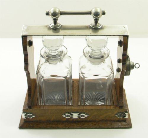 Good Edwardian Oak Two Decanter Tantalus. Complete.