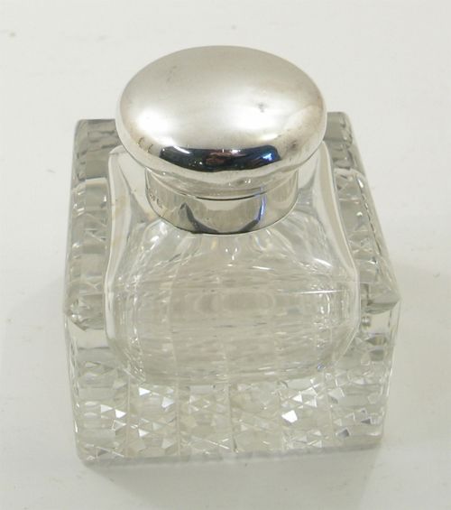 Edwardian Square Cut Glass & Silver Ink Bottle