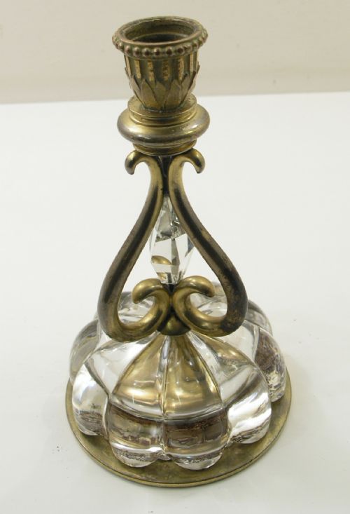 Unusual Pair of Continental Brass & Glass Candlesticks
